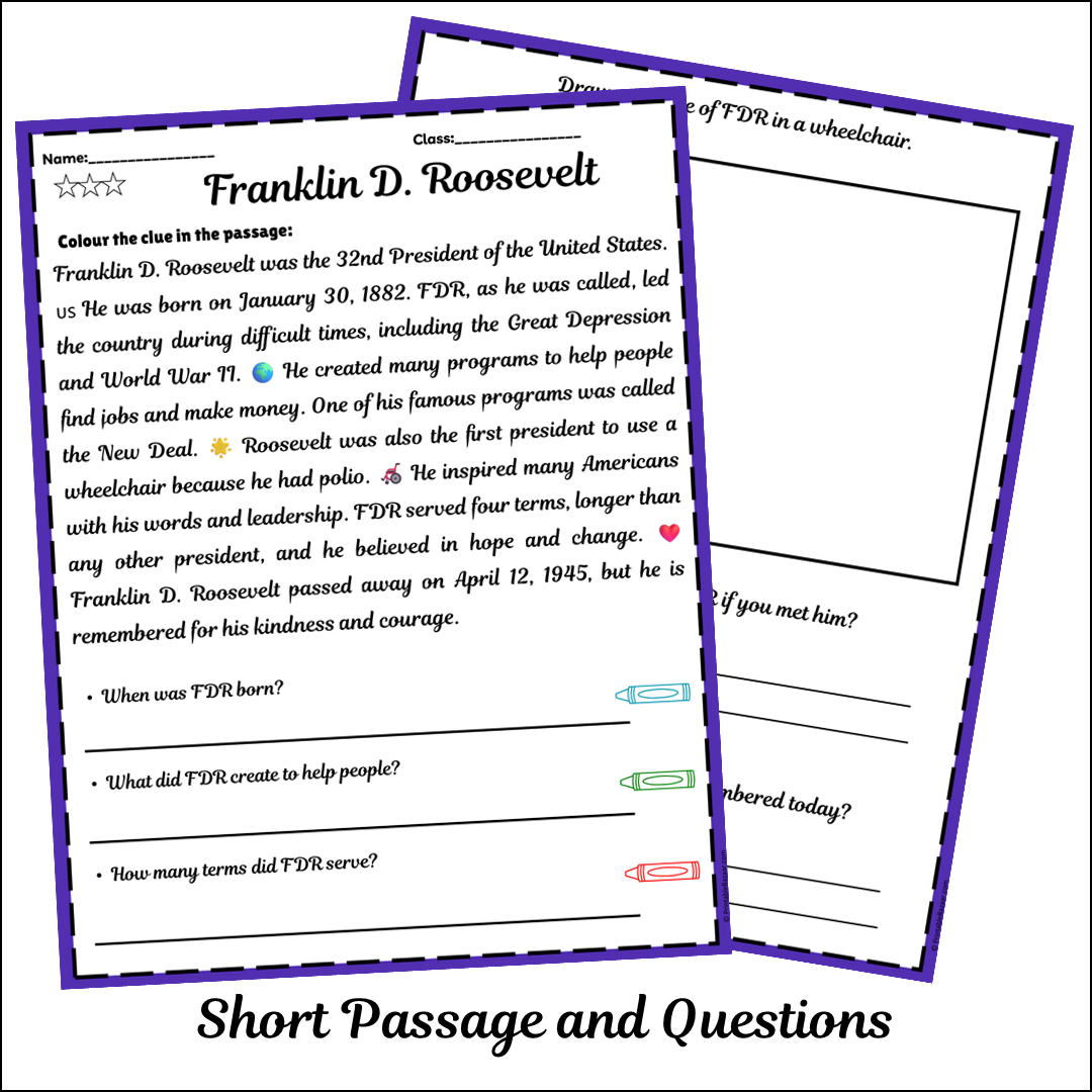 Franklin D. Roosevelt | Short Reading Comprehension Creative Worksheet