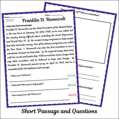 Franklin D. Roosevelt | Short Reading Comprehension Creative Worksheet