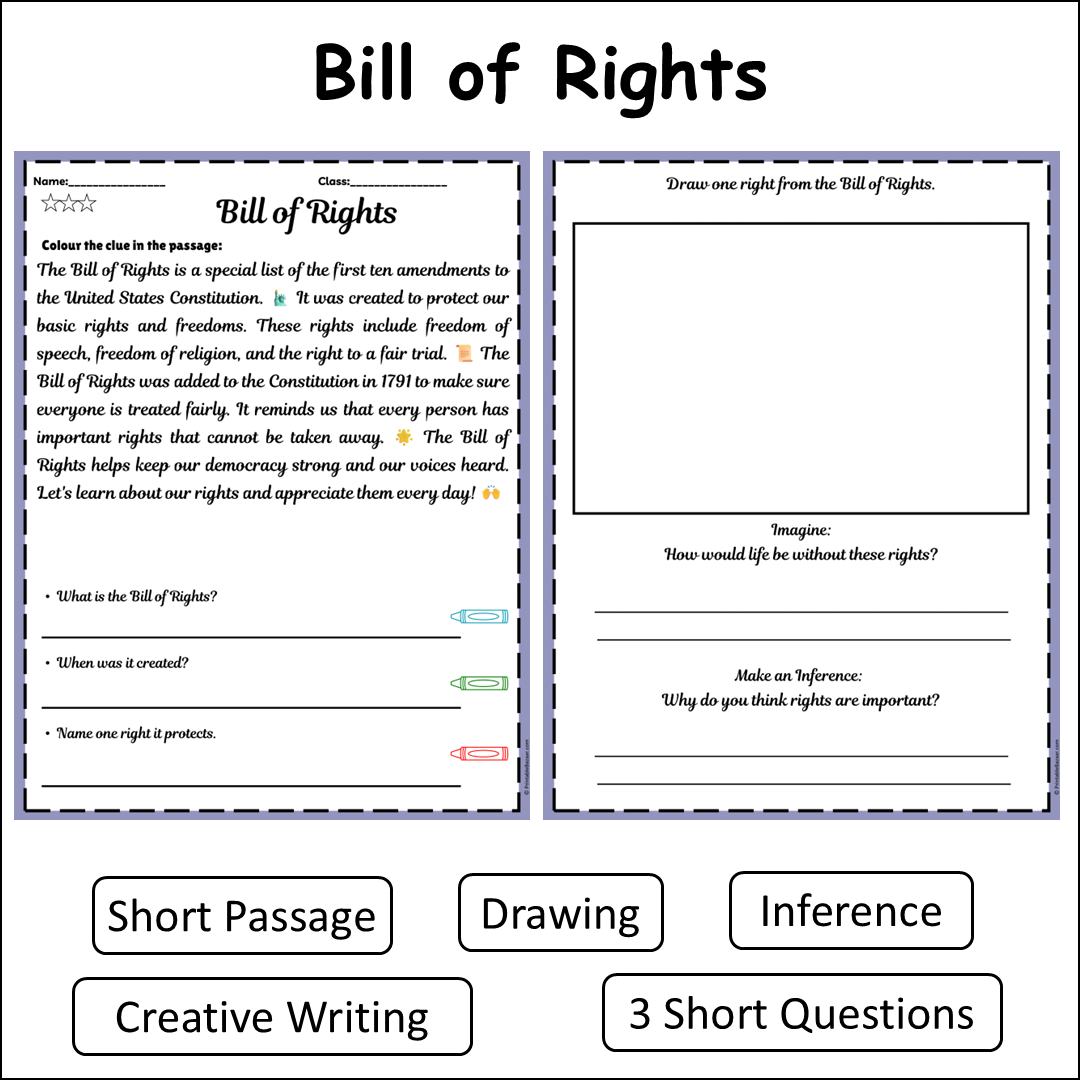 Bill of Rights | Short Reading Comprehension Creative Worksheet