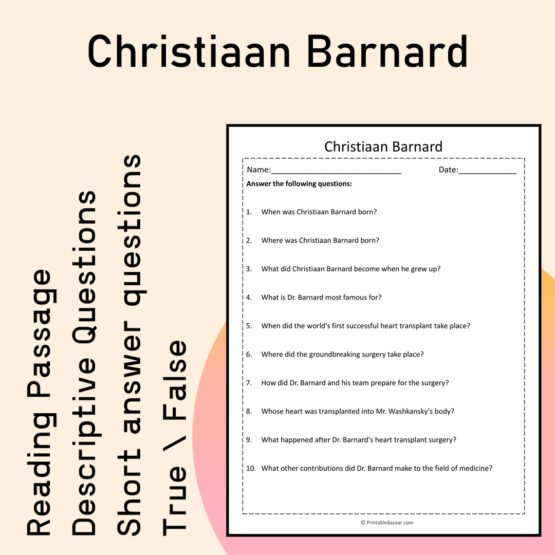 Christiaan Barnard | Reading Comprehension Passage Printable Activity
