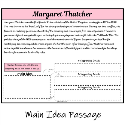 Margaret Thatcher | Main Idea and Supporting Details Reading Passage and Questions