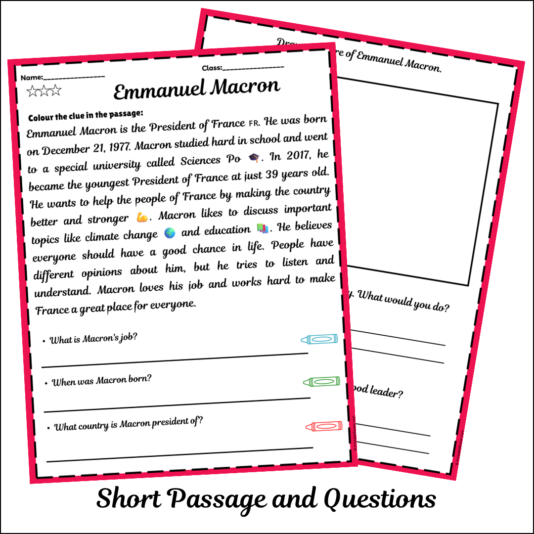 Emmanuel Macron | Short Reading Comprehension Creative Worksheet