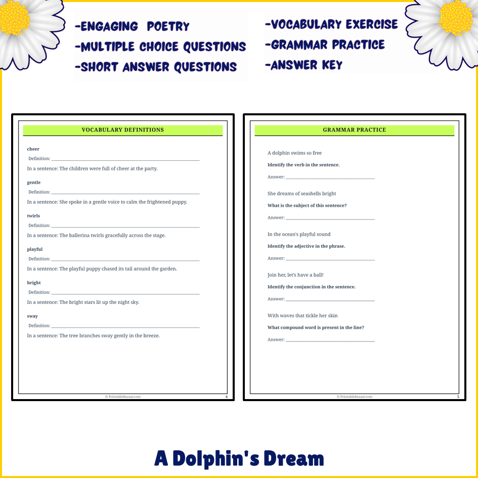 A Dolphin's Dream | Poem Grammar Worksheet Printable Activity