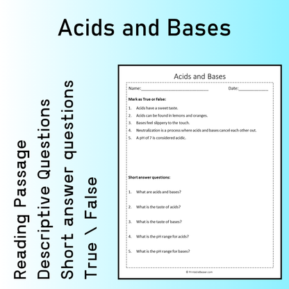 Acids and Bases | Reading Comprehension Passage Printable Worksheet