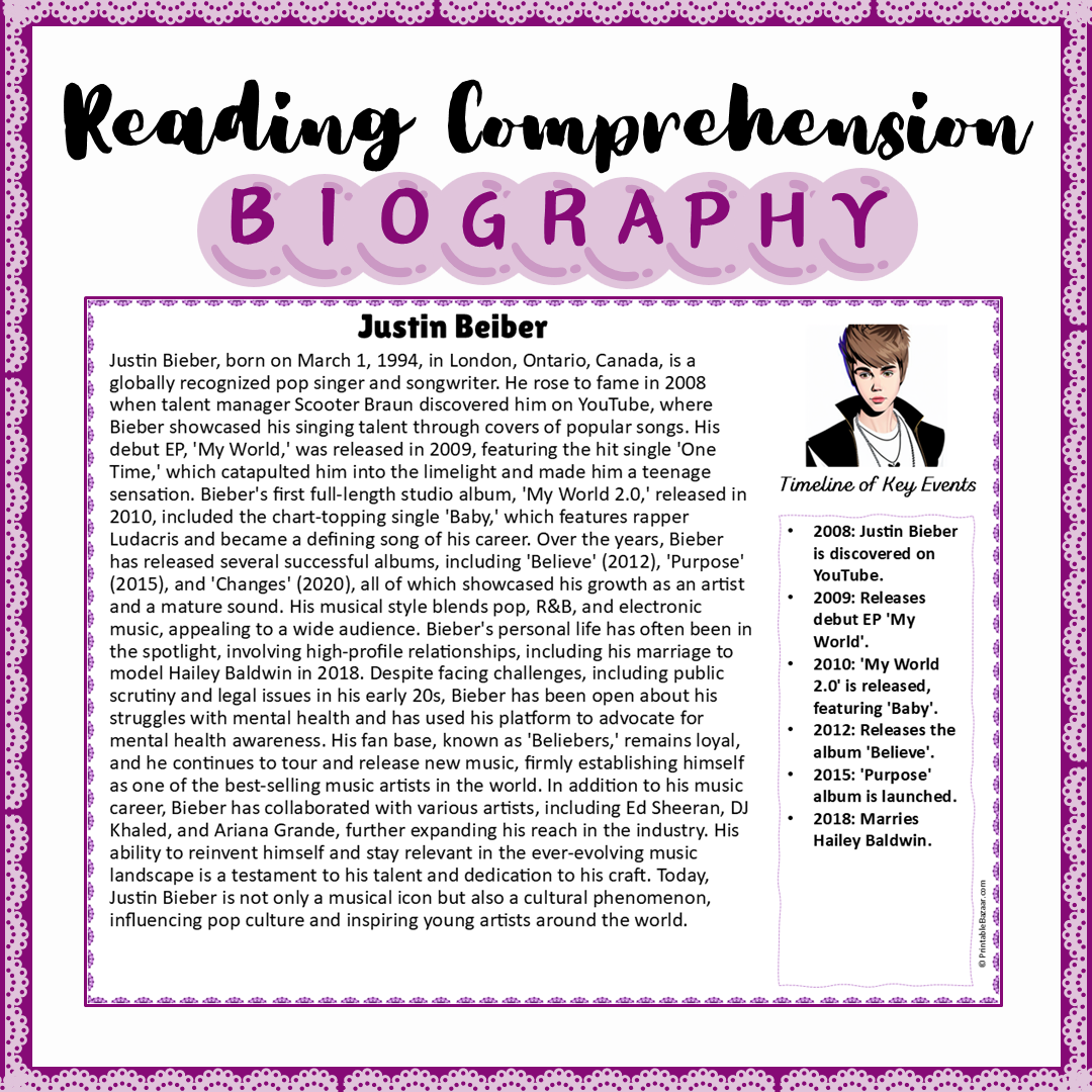 Justin Beiber | Biography Reading Comprehension and Questions Worksheet