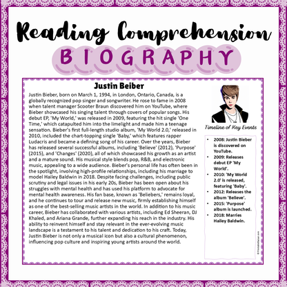 Justin Beiber | Biography Reading Comprehension and Questions Worksheet