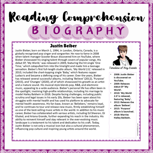 Justin Beiber | Biography Reading Comprehension and Questions Worksheet