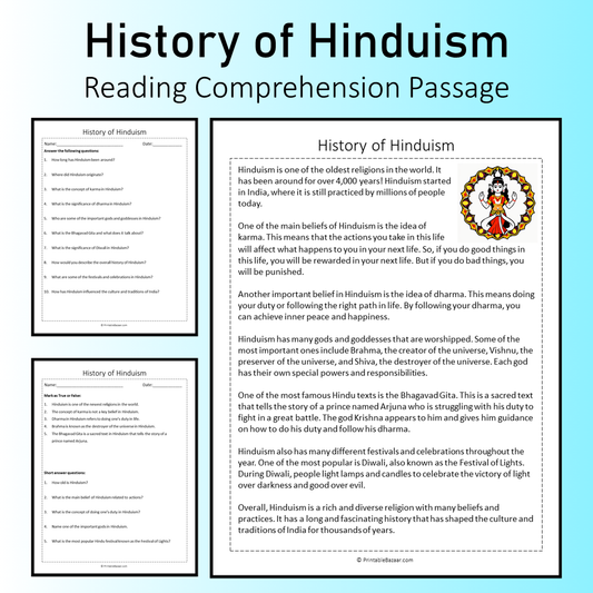 History of Hinduism | Reading Comprehension Passage Printable Worksheet