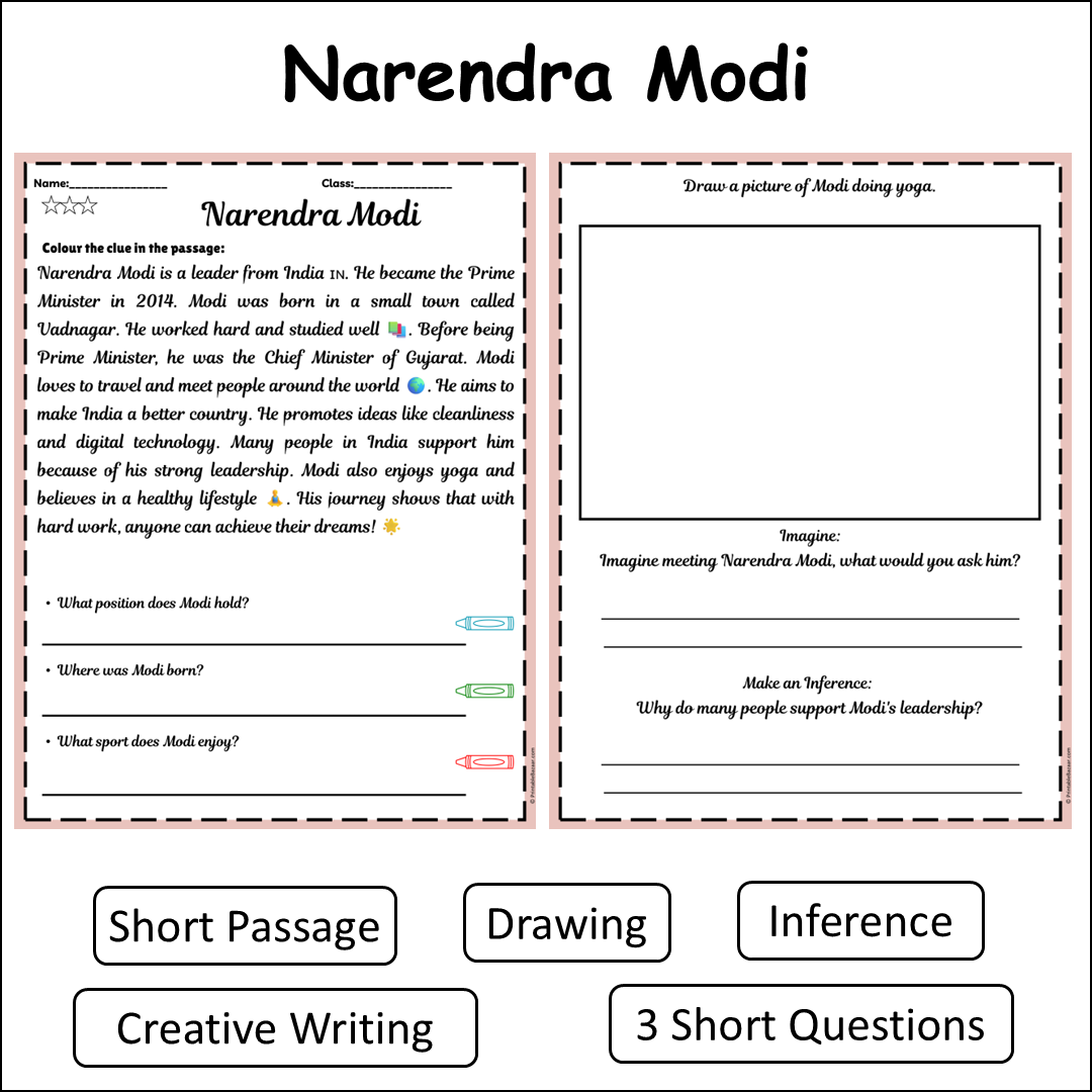 Narendra Modi | Short Reading Comprehension Creative Worksheet ...