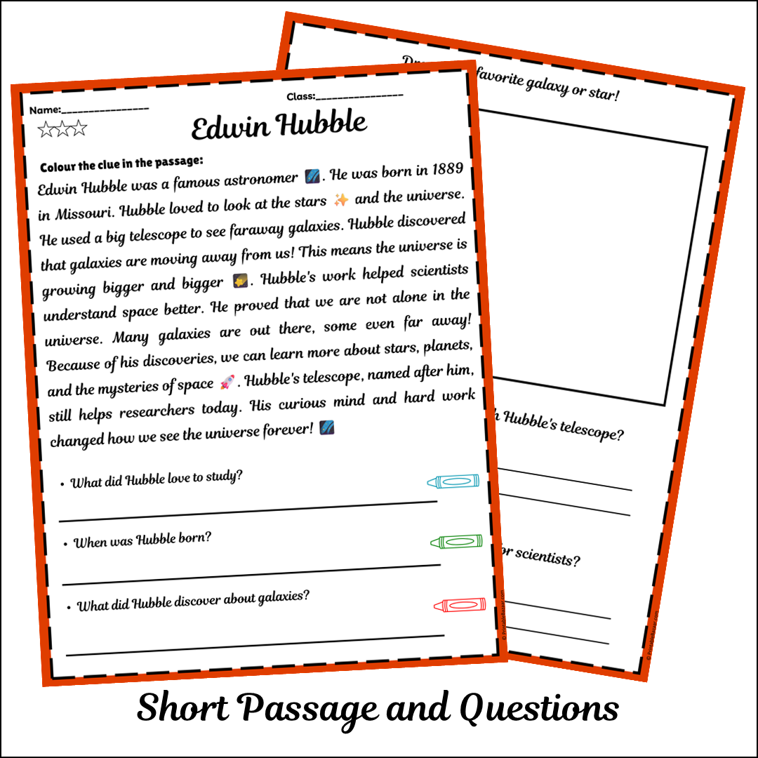 Edwin Hubble | Short Reading Comprehension Creative Worksheet