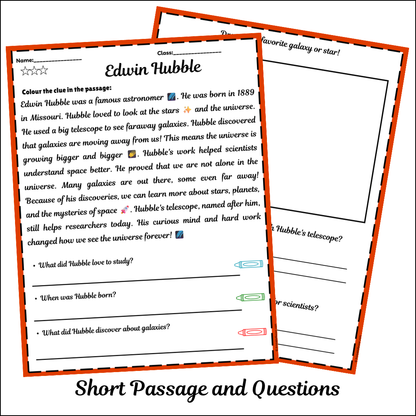 Edwin Hubble | Short Reading Comprehension Creative Worksheet