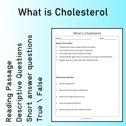 What is Cholesterol | Reading Comprehension Passage Printable Worksheet