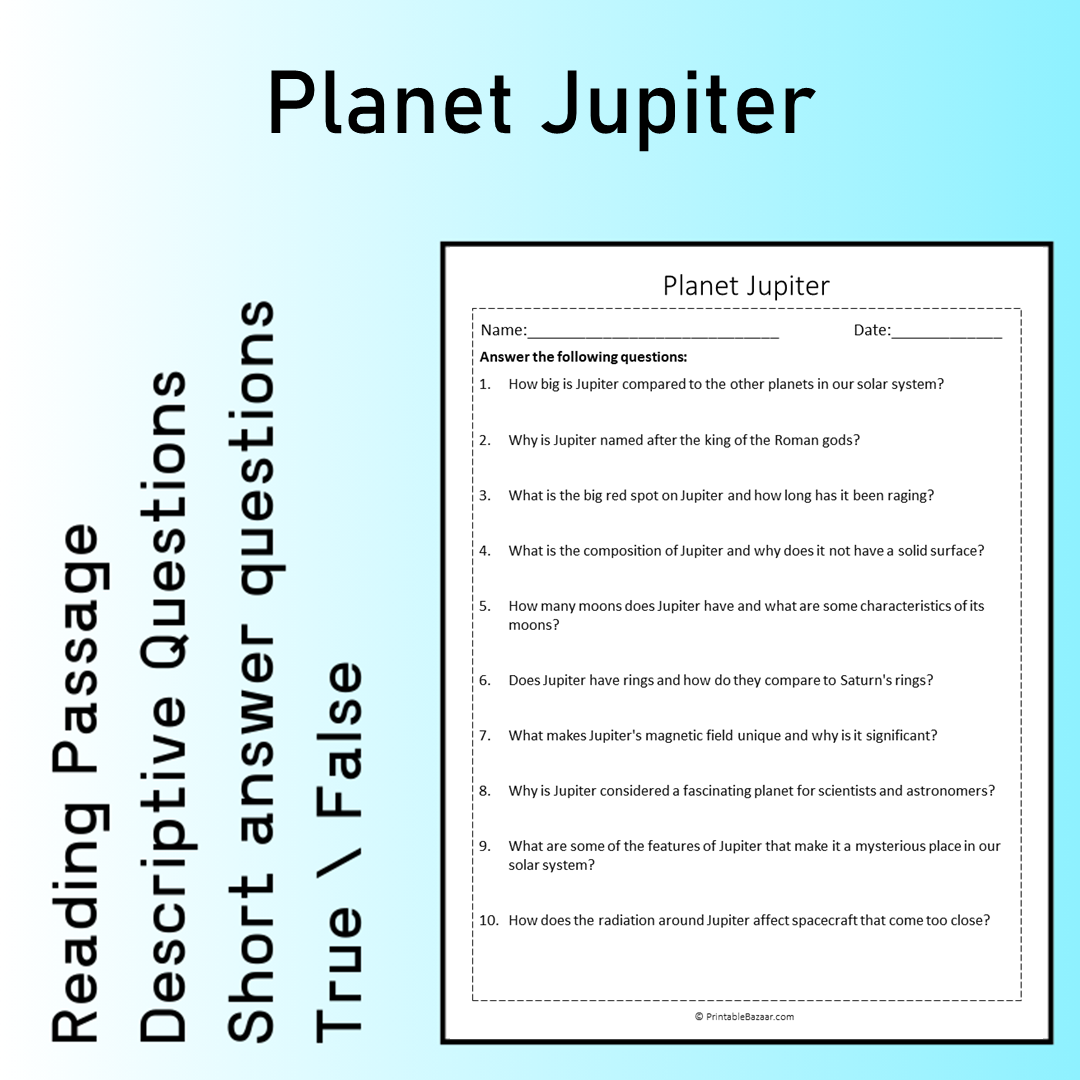 Planet Jupiter | Reading Comprehension Passage Printable Worksheet