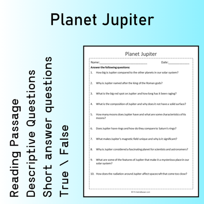 Planet Jupiter | Reading Comprehension Passage Printable Worksheet