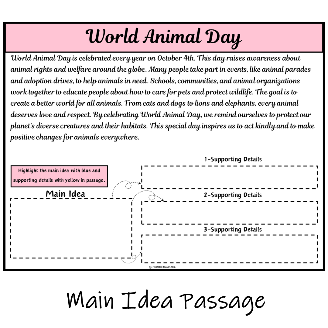 World Animal Day | Main Idea and Supporting Details Reading Passage and Questions