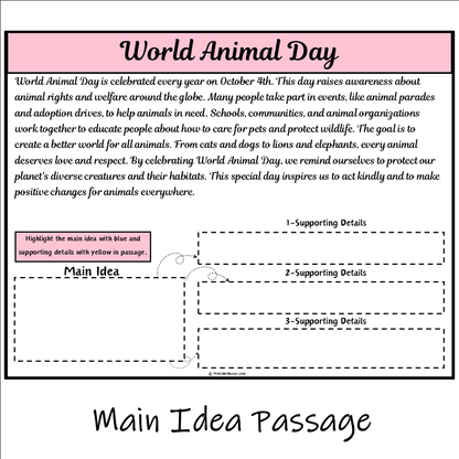 World Animal Day | Main Idea and Supporting Details Reading Passage and Questions