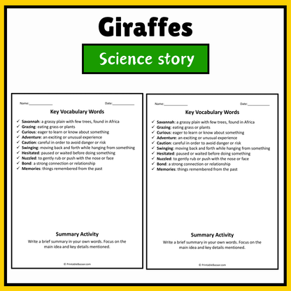 Giraffes | Science Story Reading Comprehension Activity