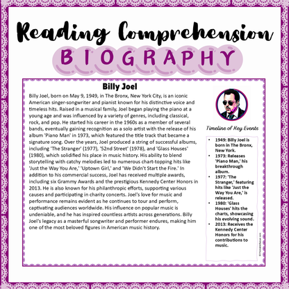 Billy Joel | Biography Reading Comprehension and Questions Worksheet