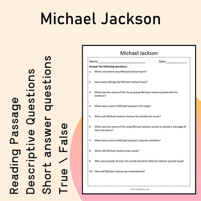 Michael Jackson | Reading Comprehension Passage Printable Activity
