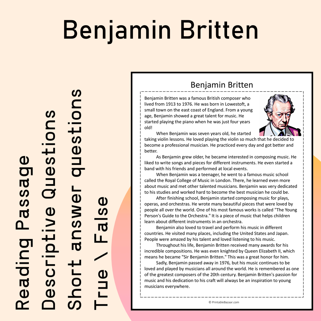 Benjamin Britten | Reading Comprehension Passage Printable Activity