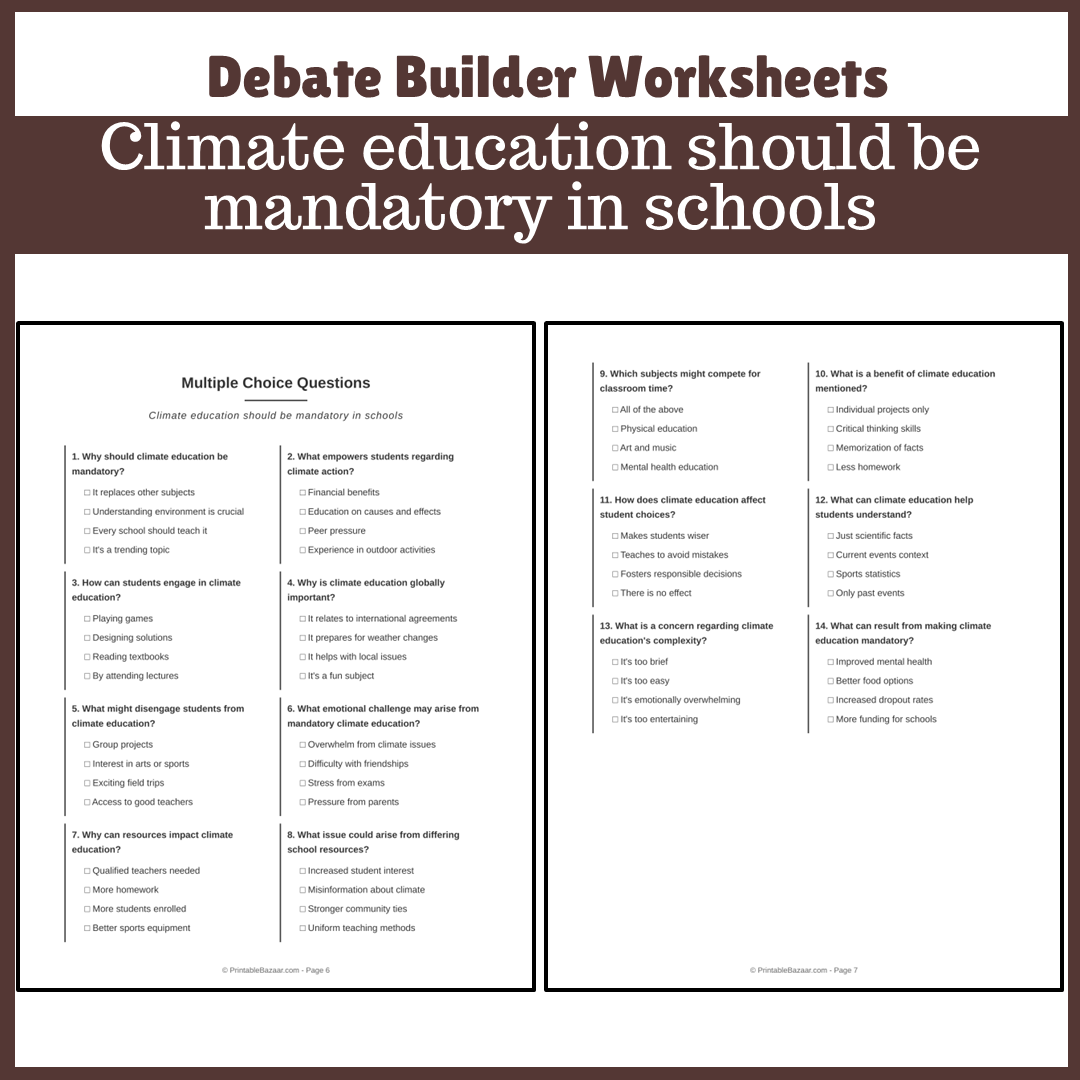 Climate education should be mandatory in schools | Favour and Against Worksheet Printable Activity