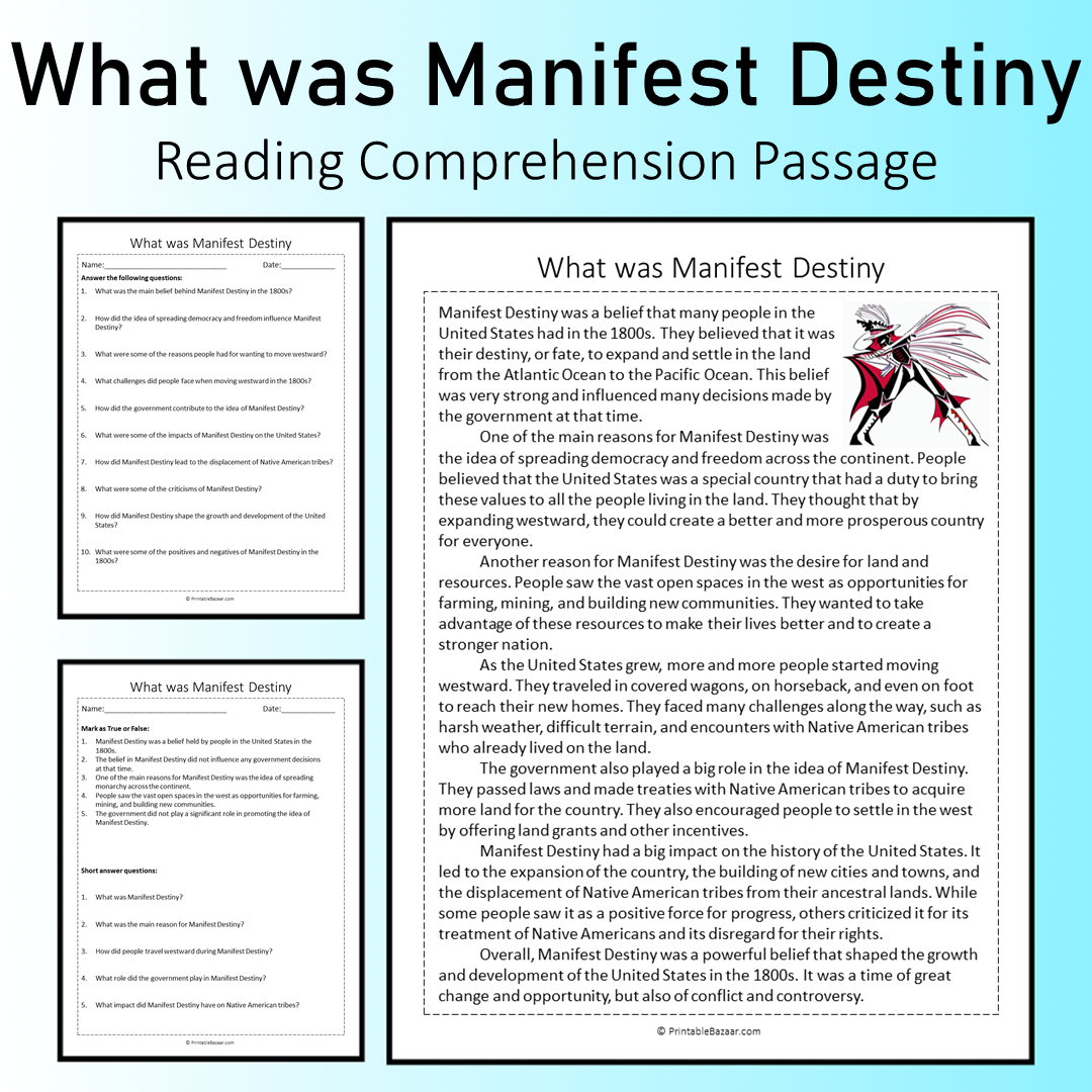 What was Manifest Destiny | Reading Comprehension Passage Printable Worksheet
