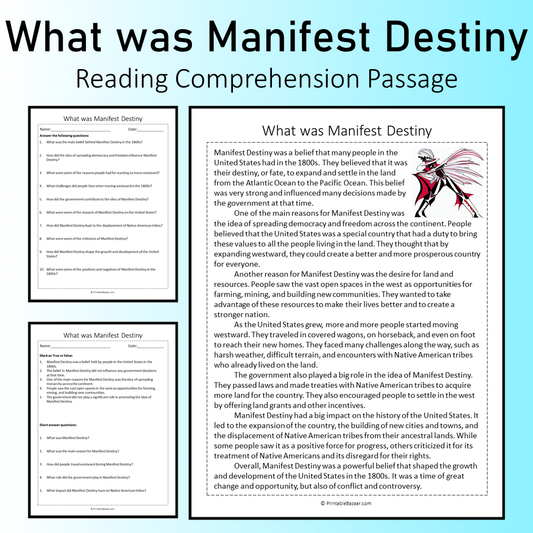 What was Manifest Destiny | Reading Comprehension Passage Printable Worksheet