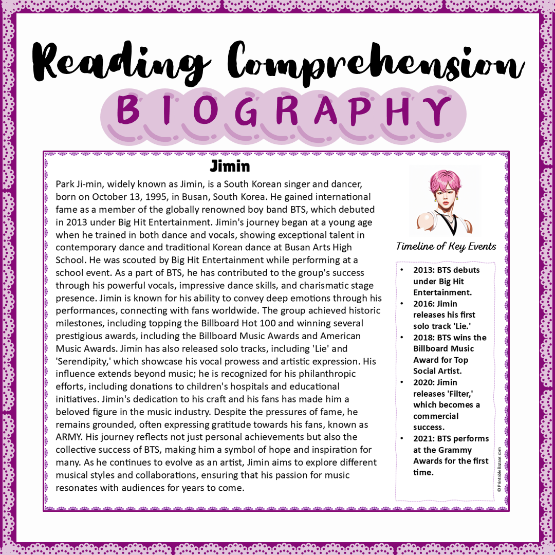 Jimin | Biography Reading Comprehension and Questions Worksheet