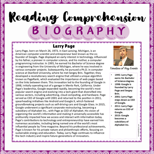 Larry Page | Biography Reading Comprehension and Questions Worksheet
