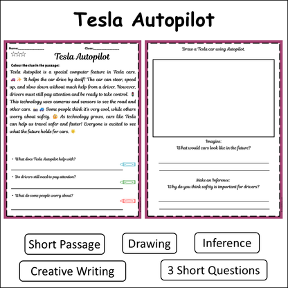 Tesla Autopilot | Short Reading Comprehension Creative Worksheet