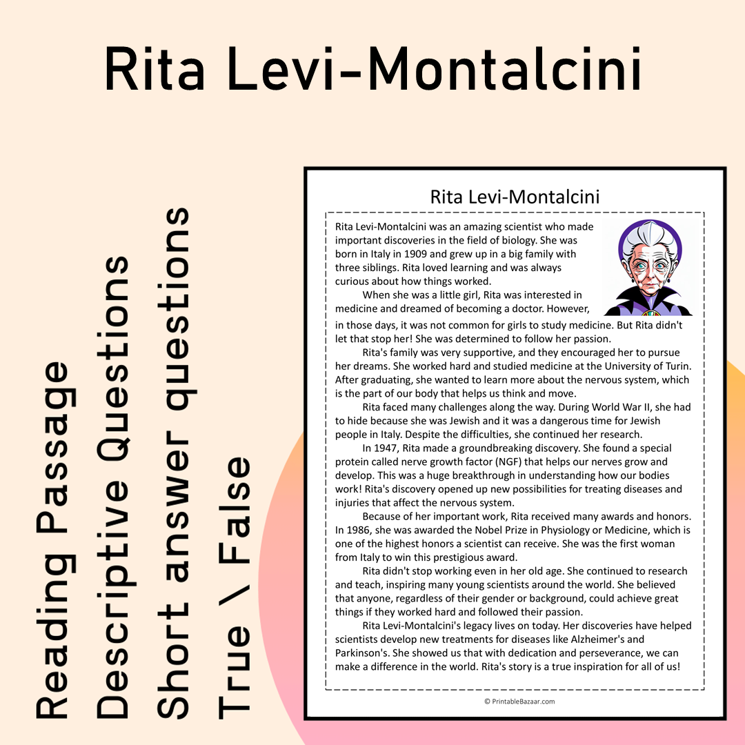 Rita Levi-Montalcini | Reading Comprehension Passage Printable Activity