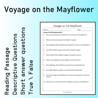 Voyage on the Mayflower | Reading Comprehension Passage Printable Worksheet