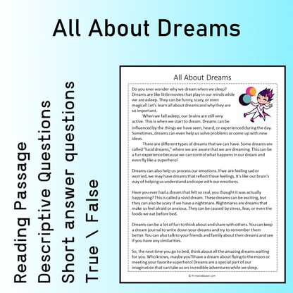 All About Dreams | Reading Comprehension Passage Printable Worksheet