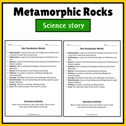 Metamorphic Rocks | Science Story Reading Comprehension Activity