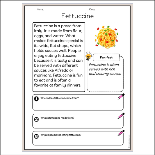 Fettuccine | Reading Passage Comprehension Questions Writing Facts Worksheet