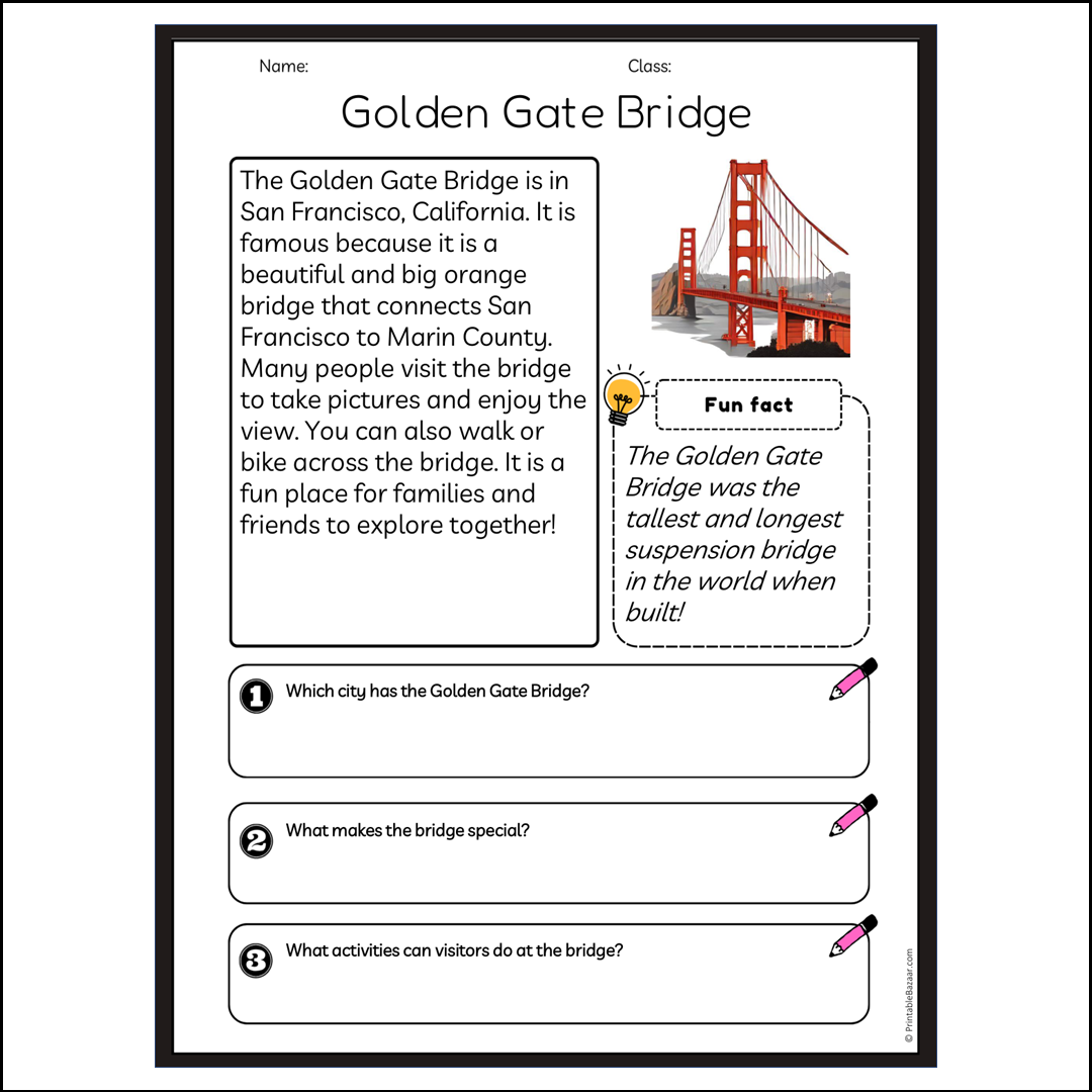 Golden Gate Bridge | Reading Passage Comprehension Questions Writing Facts Worksheet
