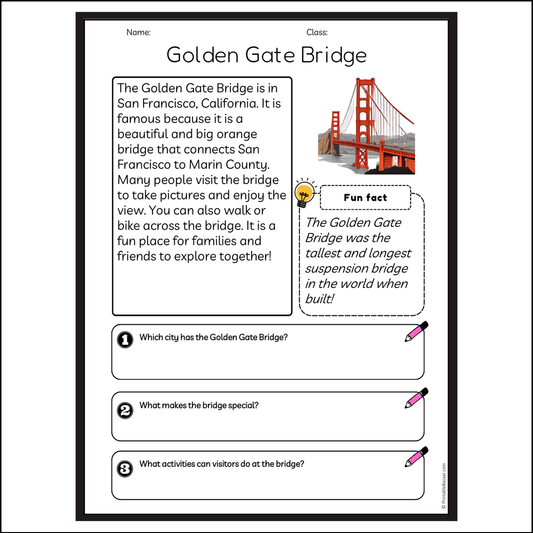Golden Gate Bridge | Reading Passage Comprehension Questions Writing Facts Worksheet
