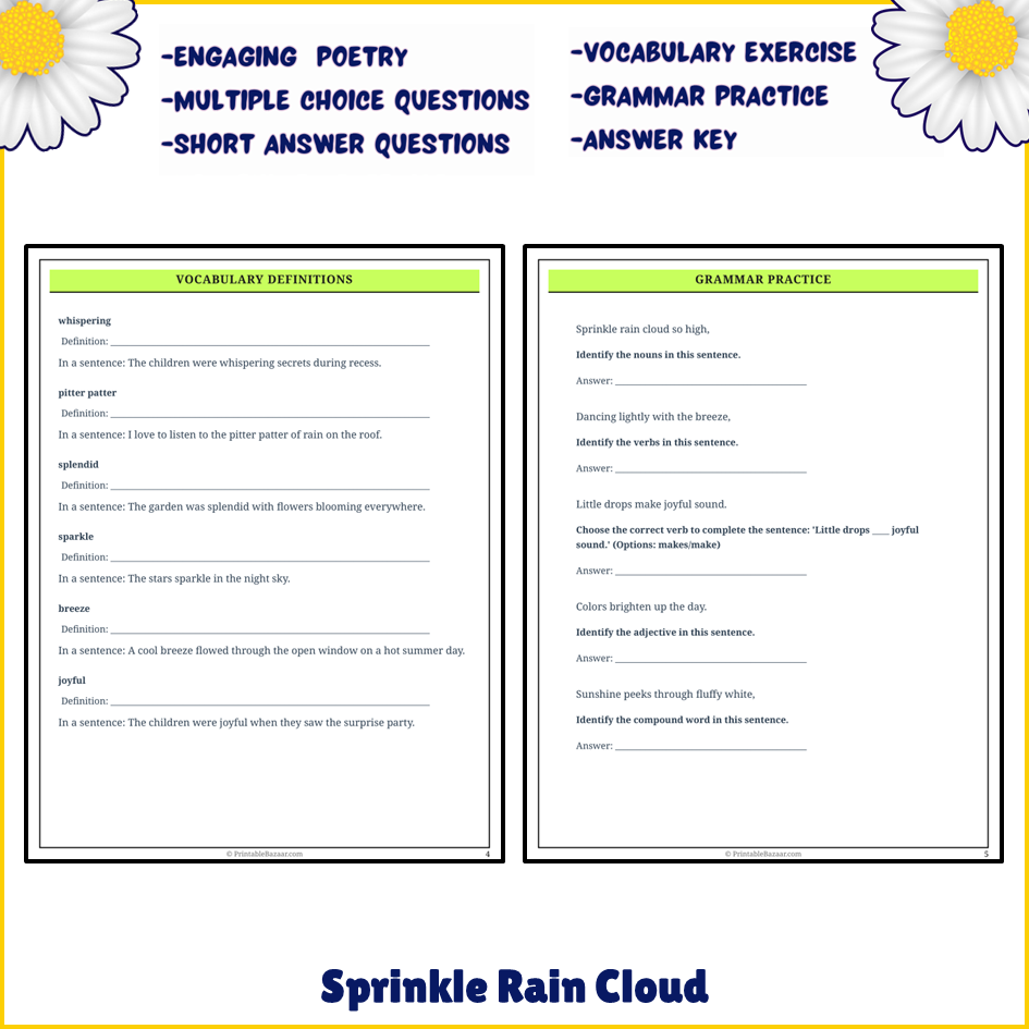 Sprinkle Rain Cloud | Poem Grammar Worksheet Printable Activity