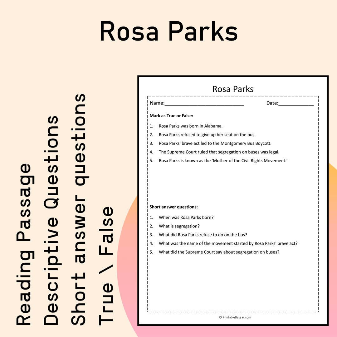 Rosa Parks | Reading Comprehension Passage Printable Activity
