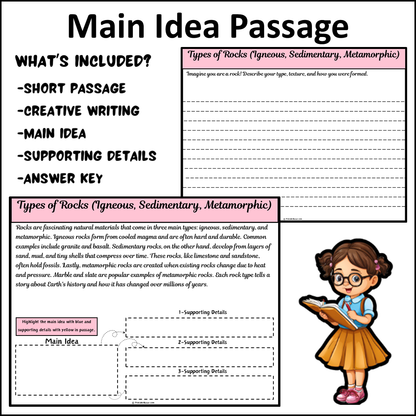 Types of Rocks (Igneous, Sedimentary, Metamorphic) | Main Idea and Supporting Details Reading Passage and Questions