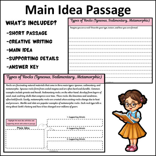 Types of Rocks (Igneous, Sedimentary, Metamorphic) | Main Idea and Supporting Details Reading Passage and Questions