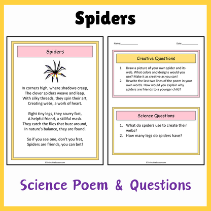 Spiders | Science Poem Reading Comprehension Activity