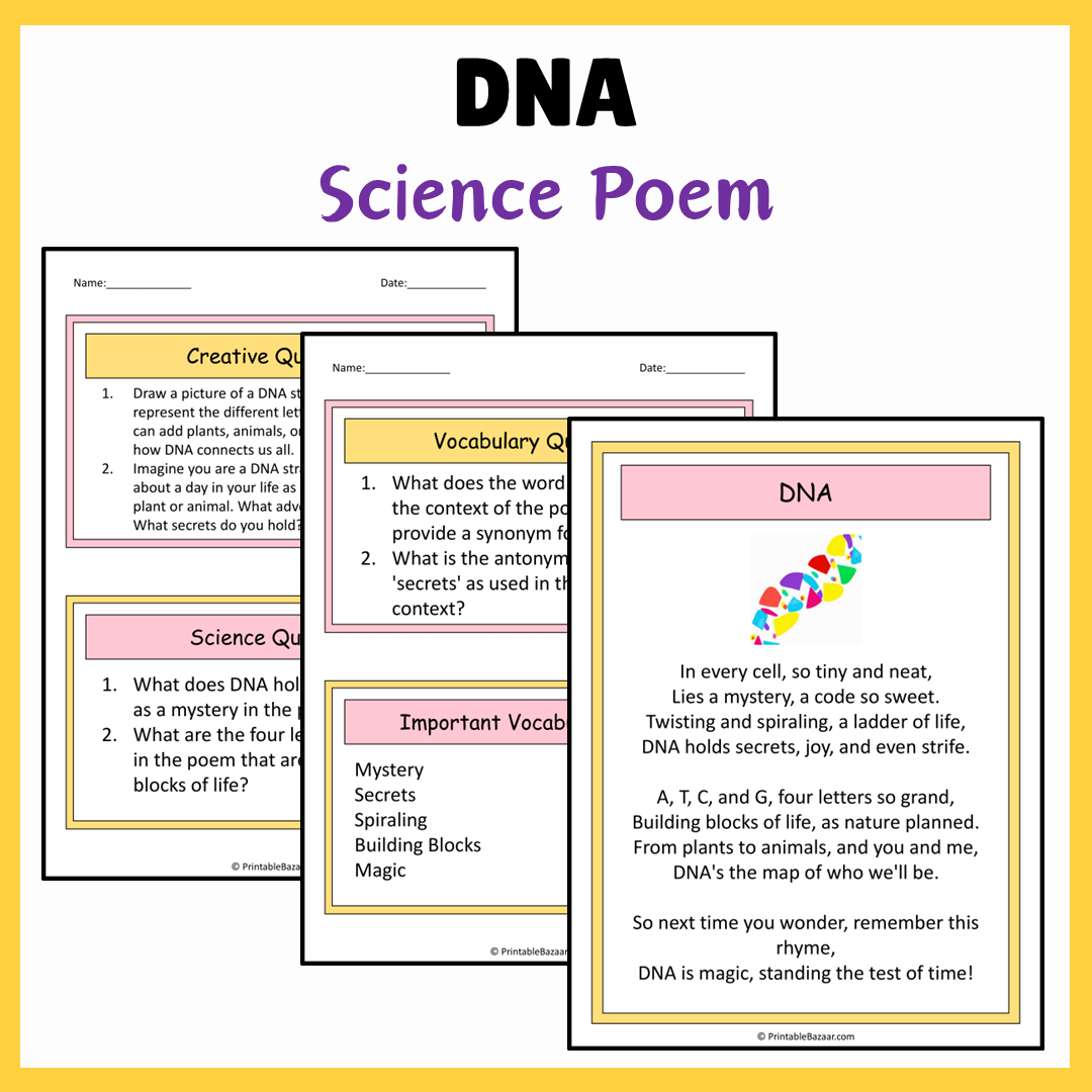 DNA | Science Poem Reading Comprehension Activity