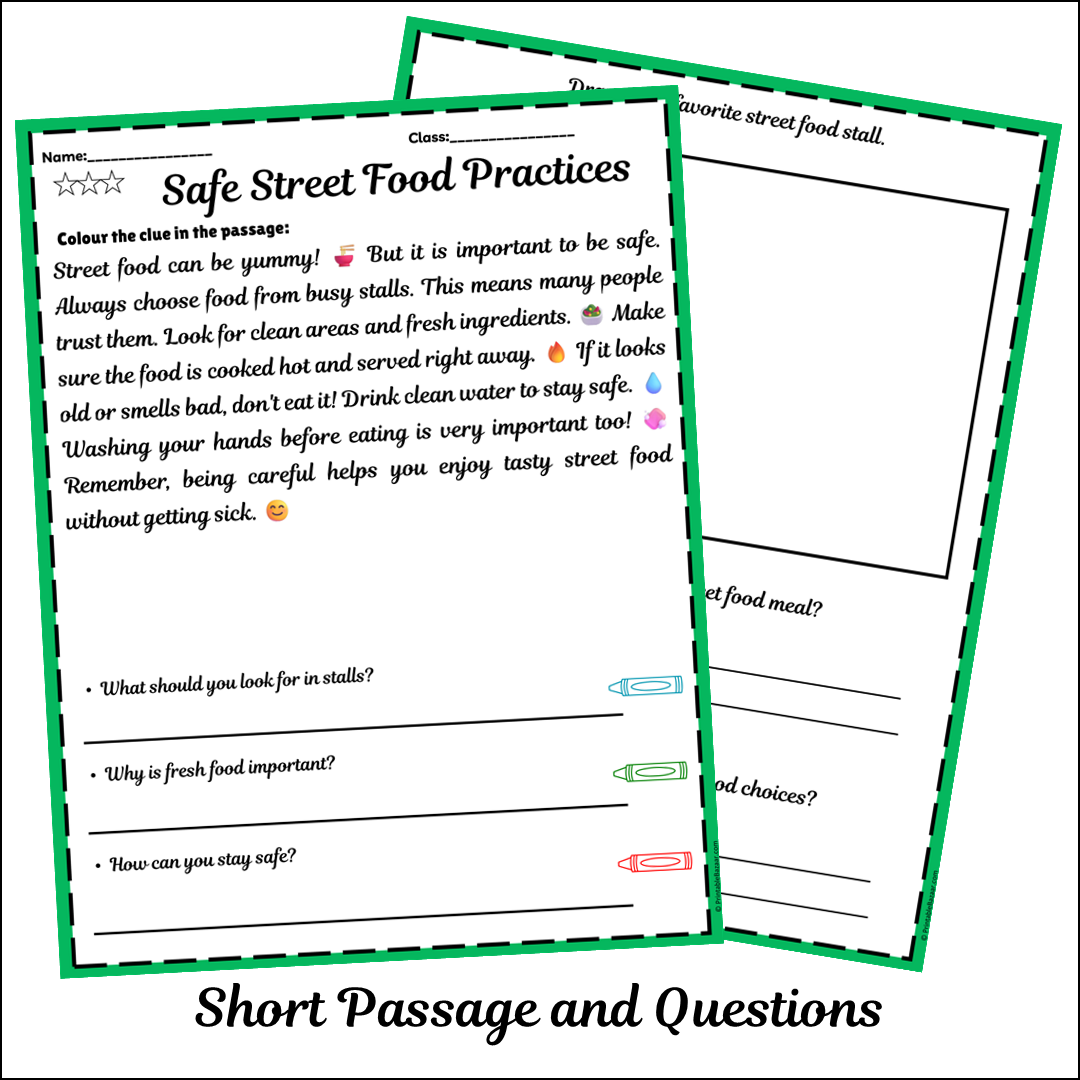 Safe Street Food Practices | Short Reading Comprehension Creative Worksheet