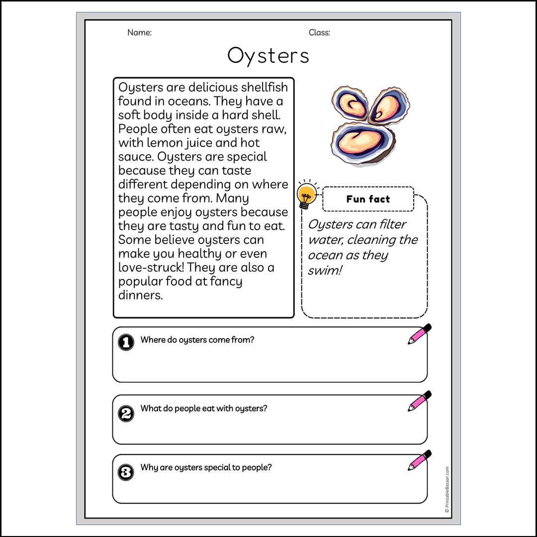 Oysters | Reading Passage Comprehension Questions Writing Facts Worksheet