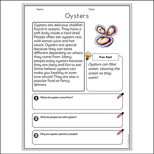 Oysters | Reading Passage Comprehension Questions Writing Facts Worksheet