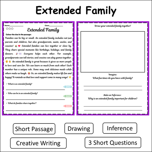 Extended Family | Short Reading Comprehension Creative Worksheet