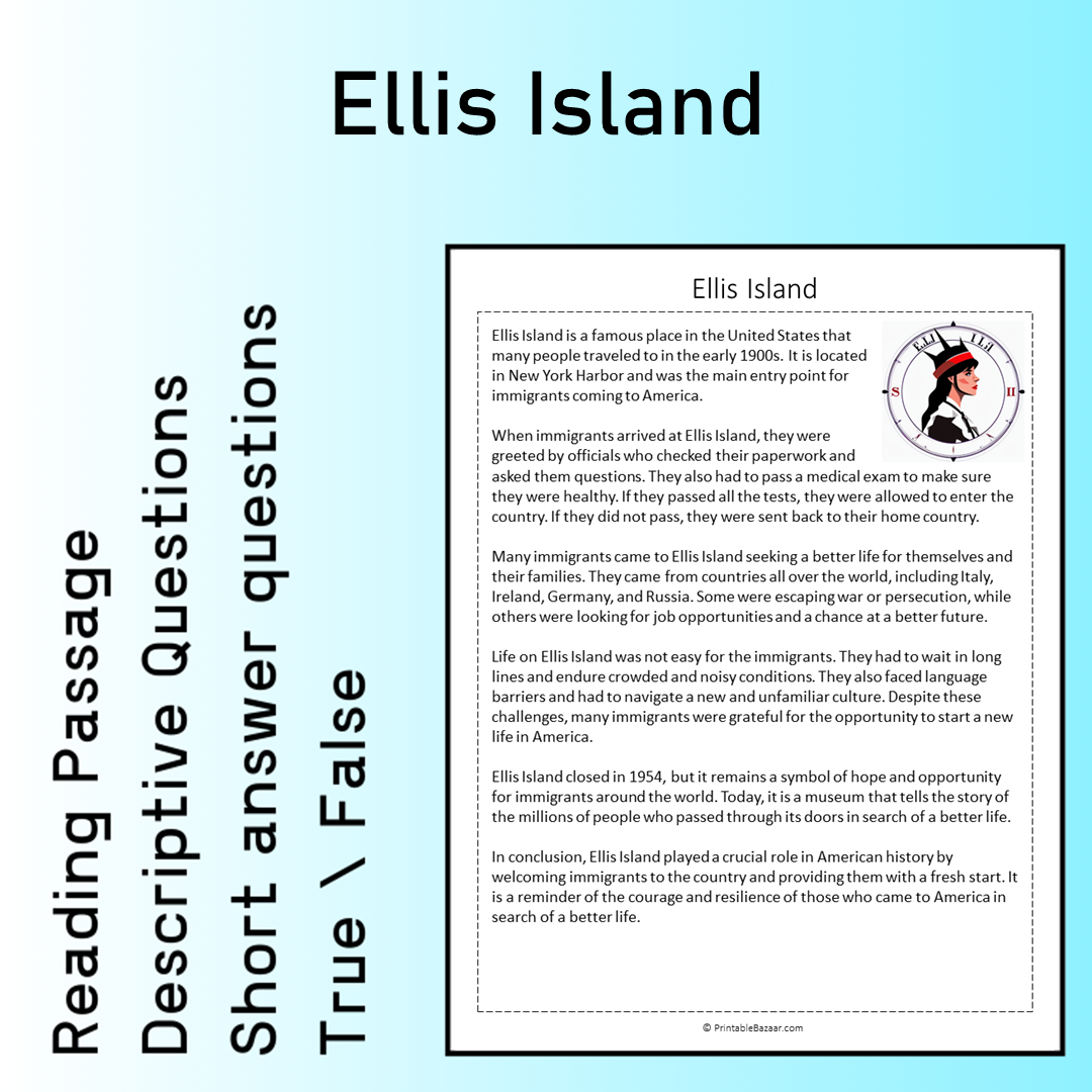 Ellis Island | Reading Comprehension Passage Printable Worksheet