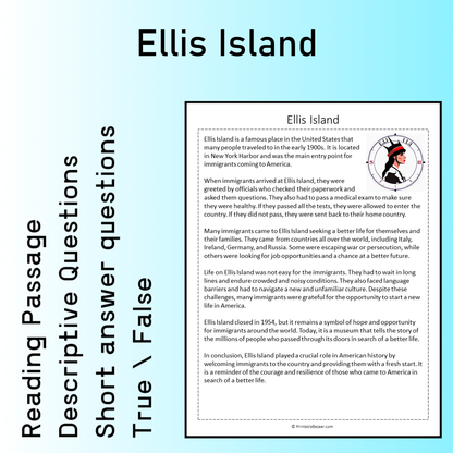 Ellis Island | Reading Comprehension Passage Printable Worksheet