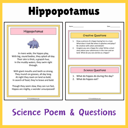 Hippopotamus | Science Poem Reading Comprehension Activity